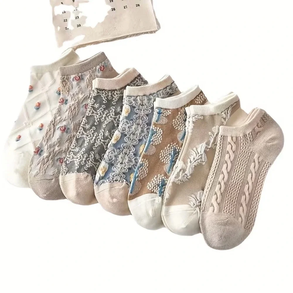 New  9 Pairs of Women'S Summer Embroidered Flower Crew Socks Breathable Hosiery